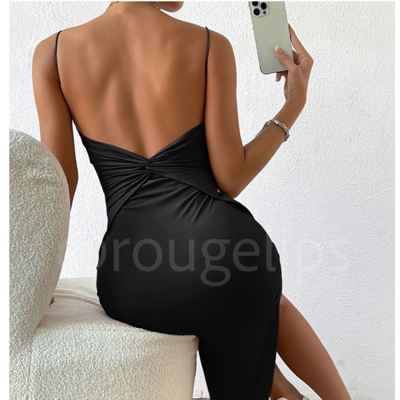 Twisted Back Cami Spaghetti Strap Black Midi Dress High Leg Slit - Picture 8 of 16